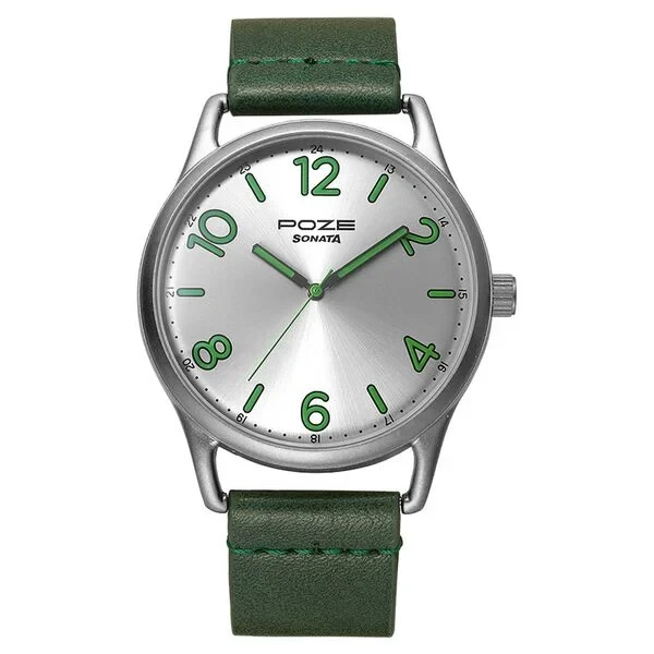sp70014ql02w Poze by Sonata Quartz Analog Silver Dial PU Leather Strap Watch for Men