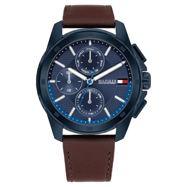 Tommy Hilfiger Quartz Multifunction Blue Dial Brown Leather Strap Watch for Men th1710632 Men's Watch