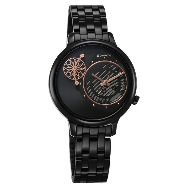 8190nm02 Sonata Unveil Quartz Analog Black Dial Metal Strap Watch for Women