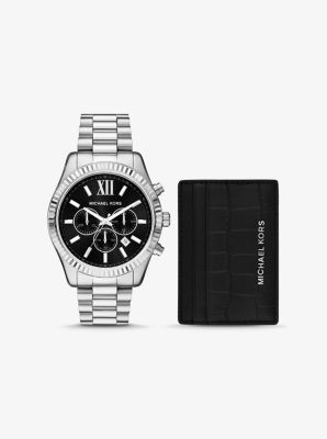 Michael Kors Oversized Lexington Silver-Tone Watch and Crocodile-Embossed Leather Card Case Gift Set